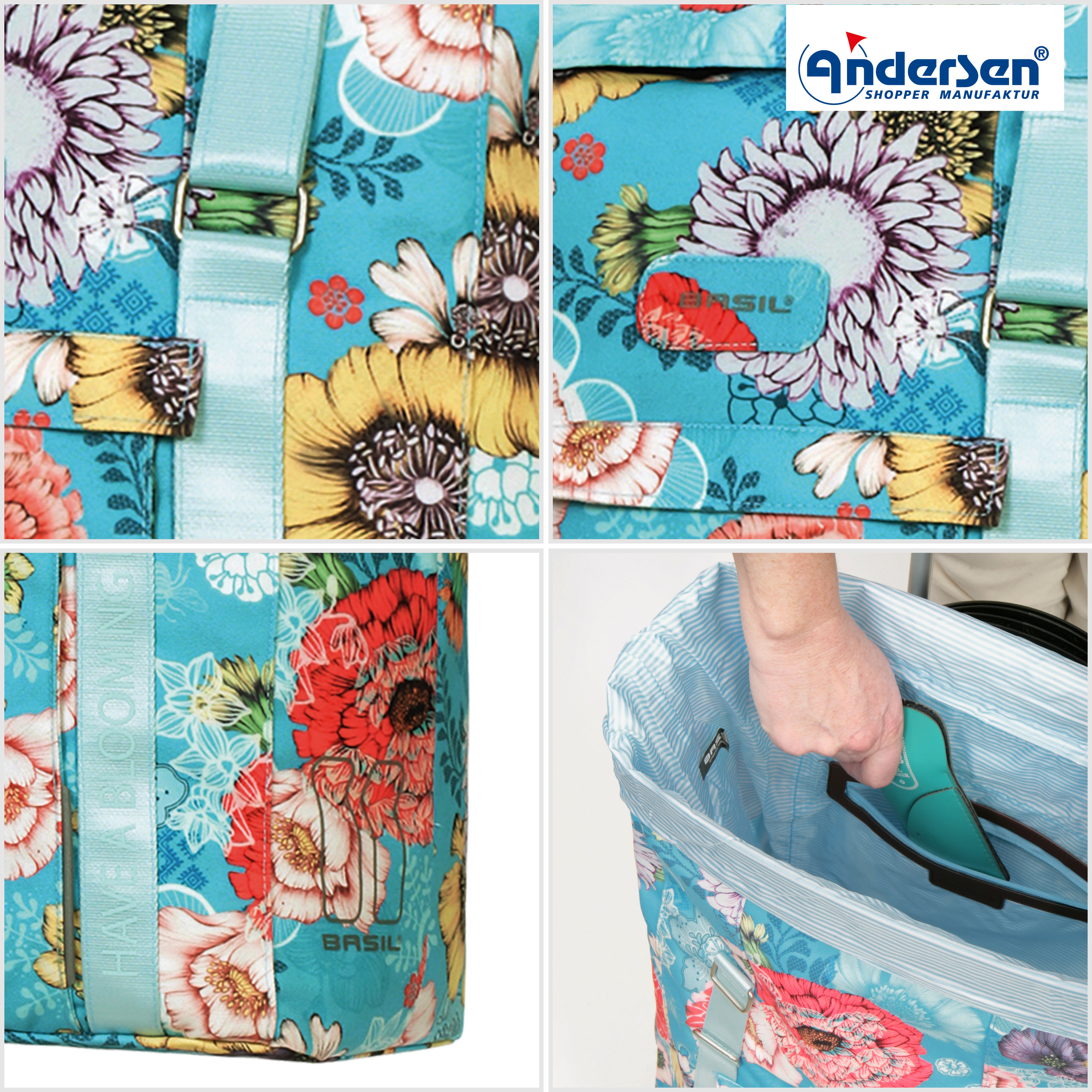 Andersen Unus Shopper Fun mit Tasche Basil Bloom in Blau oder Gelb, Tasche komplett Wasserdicht