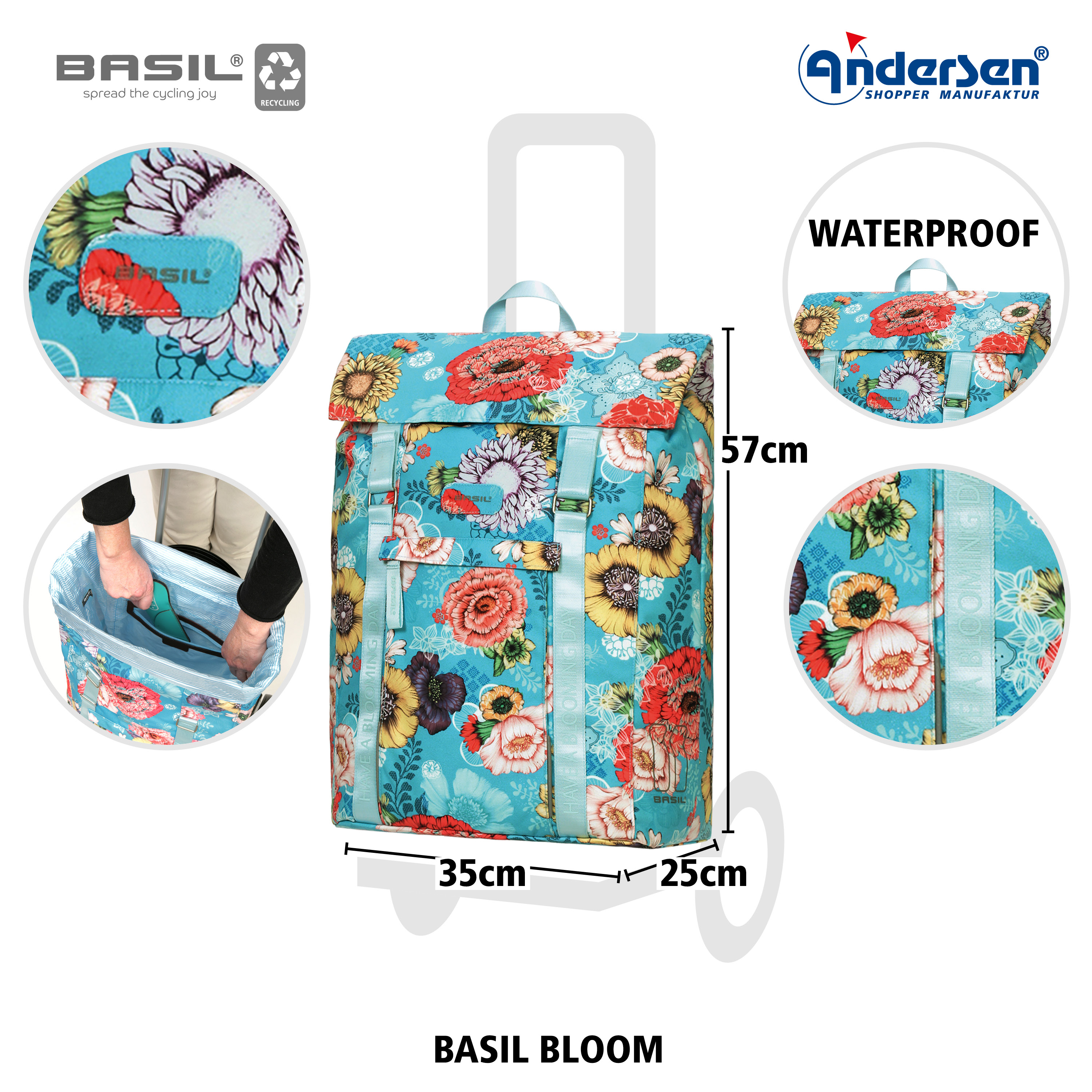Andersen Unus Shopper Fun mit Tasche Basil Bloom in Blau oder Gelb, Tasche komplett Wasserdicht